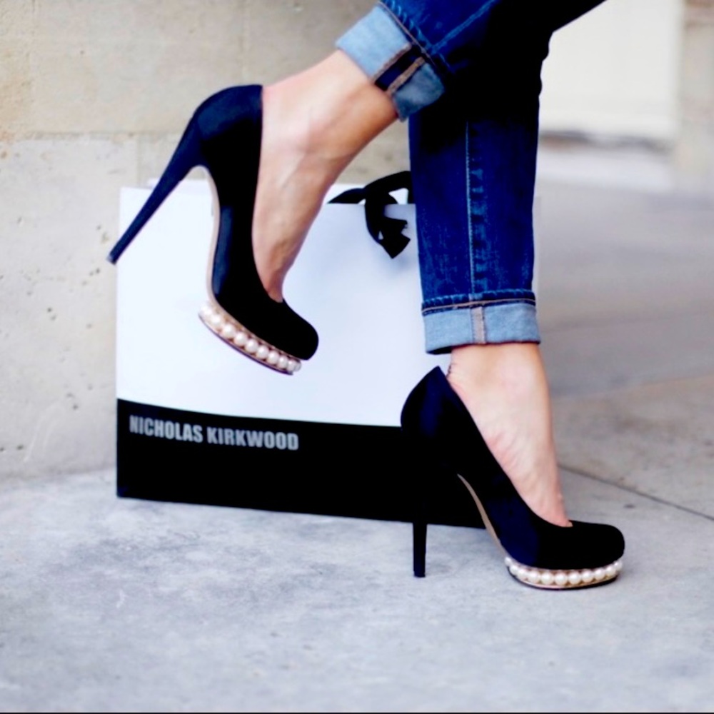Nicholas Kirkwood black, satin platform pumps with pearl embellishment.